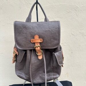 Fossil Gray Leather Backpack with Tan Accents